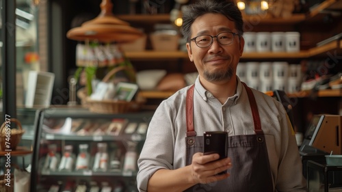Cheerful Asian coffee shop owner with apron holding smartphone, proudly standing in his cozy cafe