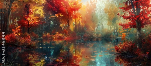 This painting depicts a dense forest with an abundance of trees. The scene is vibrant with the colors of fall, reflected in a tranquil pond within the forest.