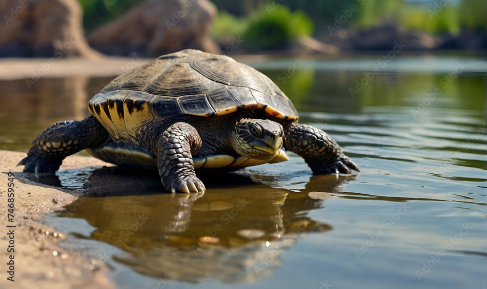 Fototapeta premium turtle crawling leisurely by the pond