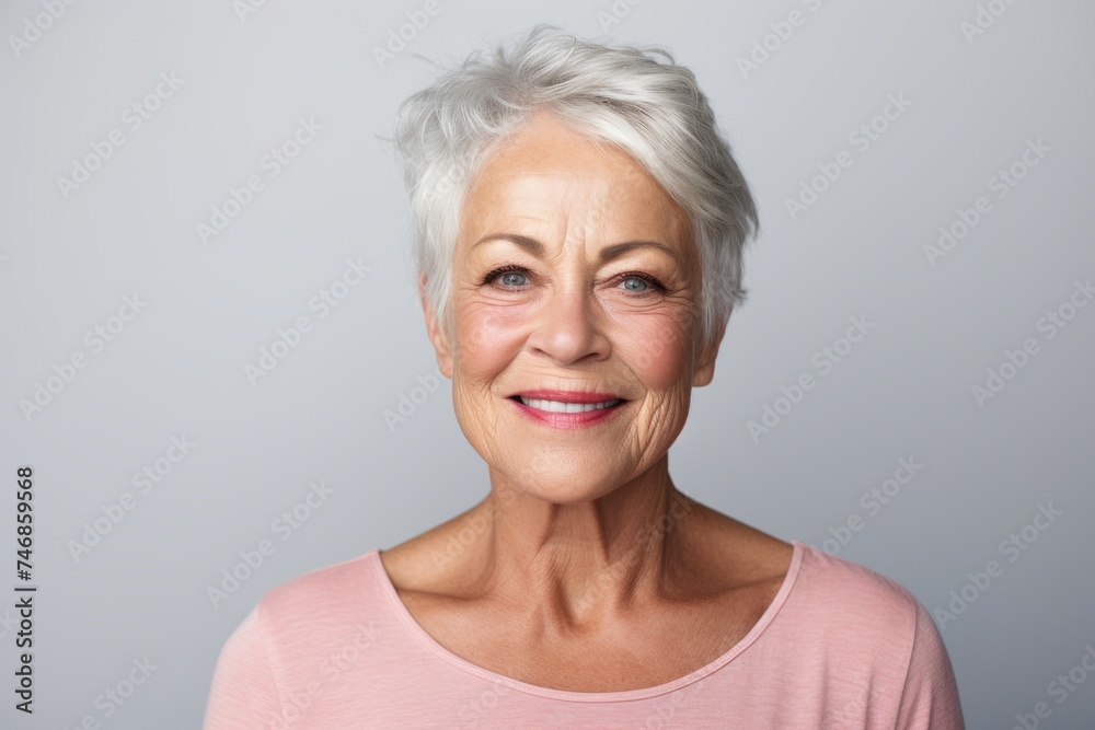 Closeup portrait of smiling senior woman looking at camera against grey background