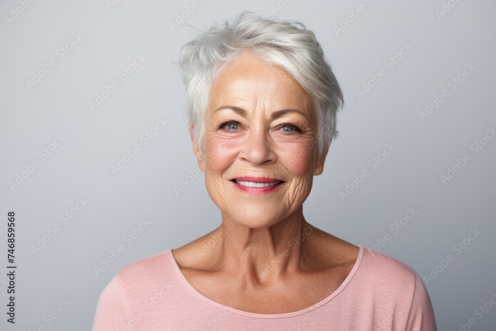 Closeup portrait of smiling senior woman looking at camera against grey background Closeup portrait of smiling senior woman looking at camera against grey background