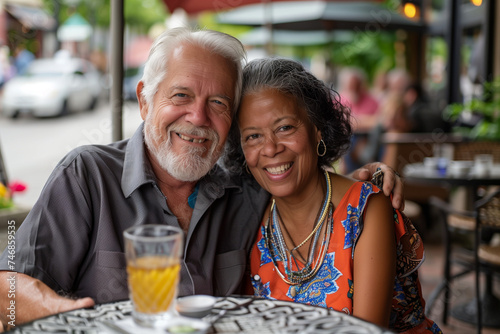 Happy Interracial Mixed Race Retired Old Couple at Cafe Bar Restaurant Outside