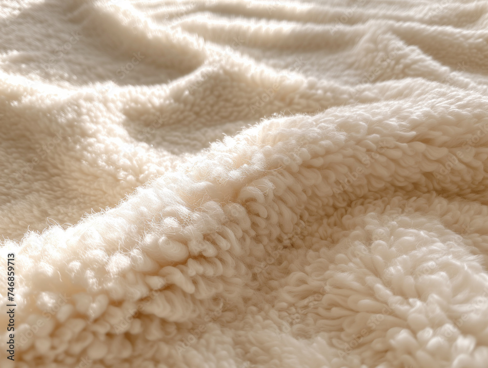 The photo displays a faux white wool carpet with a close-up texture resembling beige fur, captured from a top-down perspective. The photo displays a faux white wool carpet with a close-up texture resembling beige fur, captured from a top-down perspective.