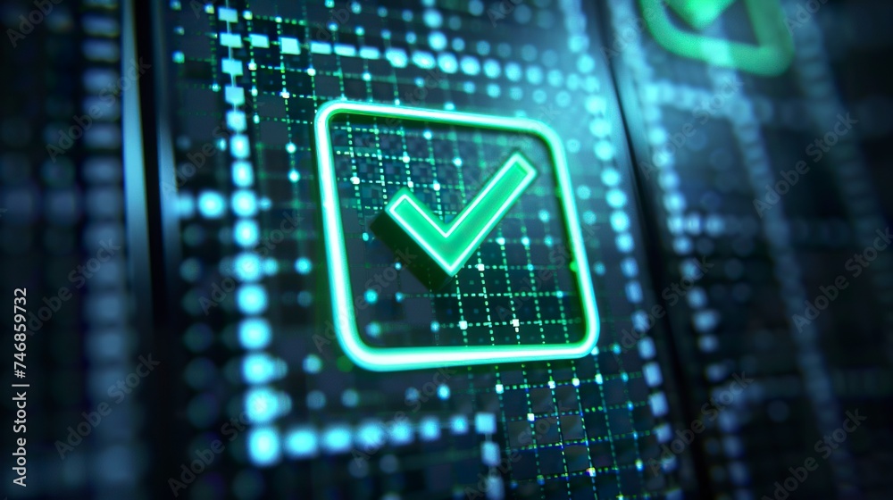 Illustration of a glowing green check mark on dark background. Digital background in selection or approval concept. Illustration of a glowing green check mark on dark background. Digital background in selection or approval concept.