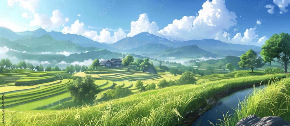 A painting depicting a green landscape with a stream flowing through it. Lush trees, grass, and bushes line the stream, adding to the vibrant scenery.