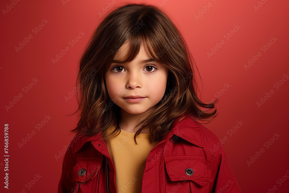 Portrait of a little girl in a red jacket on a red background. Portrait of a little girl in a red jacket on a red background.