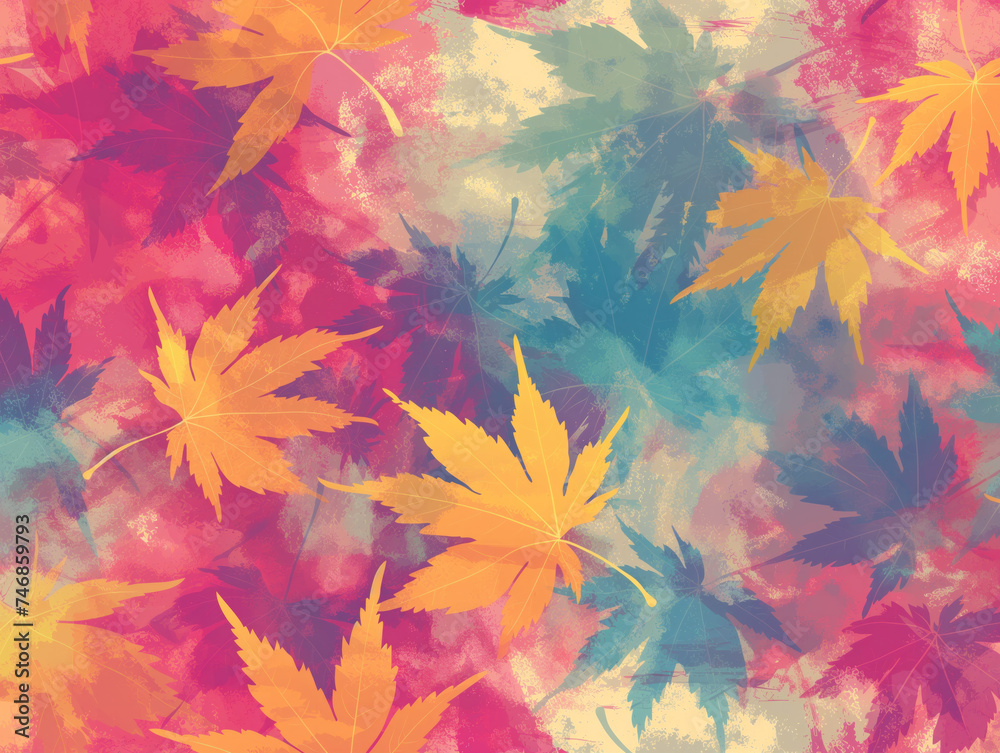 Textured maple leaves in a tie-dye style form a pattern. This versatile design autumn vibes, perfect as a wall background.