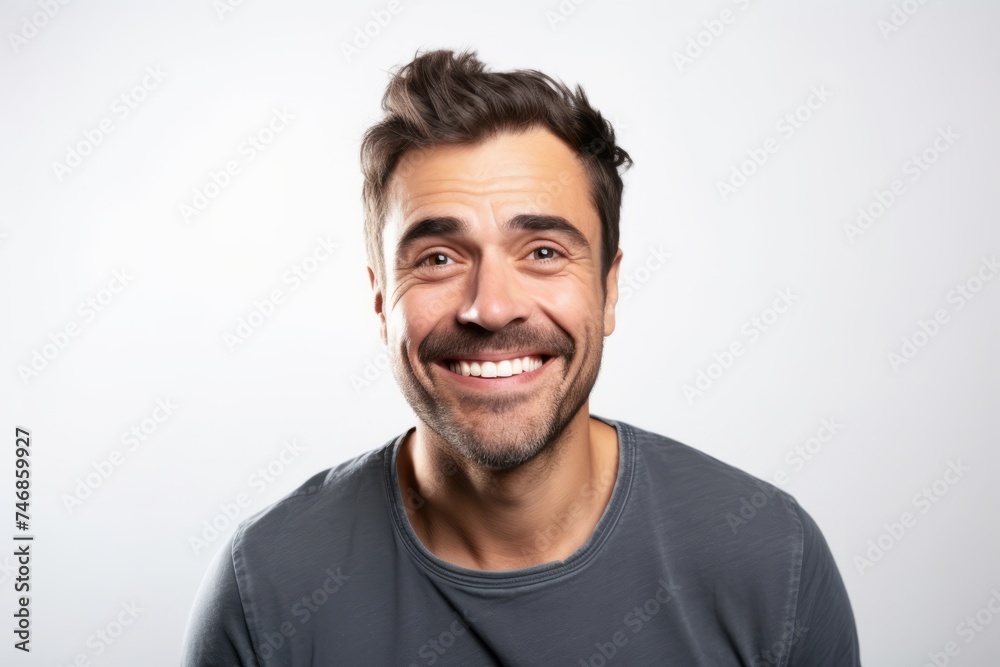 Portrait of a handsome smiling man on grey background. Looking at camera. - obrazy, fototapety, plakaty 