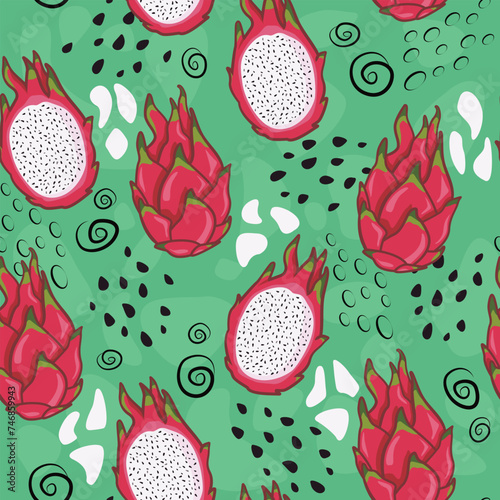Tropical seamless vector pattern of dragon fruit on a green background. Perfect for wallpaper, food wrapping paper, fabric, background etc.