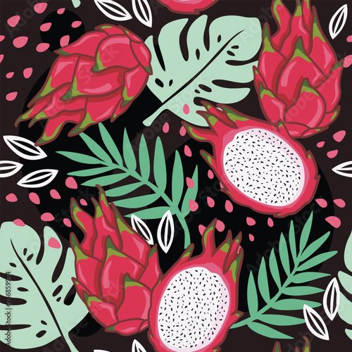 Tropical seamless vector pattern of dragon fruit on a black background with exotic leaves. Perfect for wallpaper, food wrapping paper, fabric, background etc.
