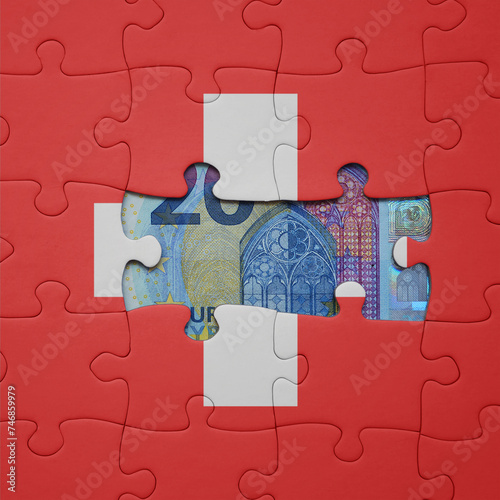 puzzle with the national flag of switzerland and euro banknote. finance concept