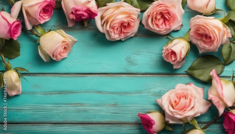 Pastel pink roses on turquoise wooden background