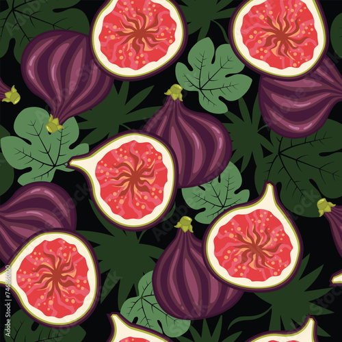Fig fruit seamless pattern on a black background. Perfect for wallpaper, food wrapping paper, fabric, background etc