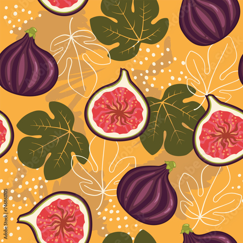 Fig fruit seamless pattern on a yellow background with exotic leaves. Perfect for wallpaper, food wrapping paper, fabric, background etc