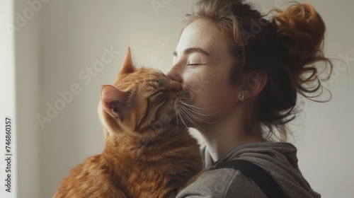 portrait handsome young hipster woman, hugs his good friend ginger cat on white wall background. Positive human emotions, facial expression, feelings. People and animals in love © chanidapa