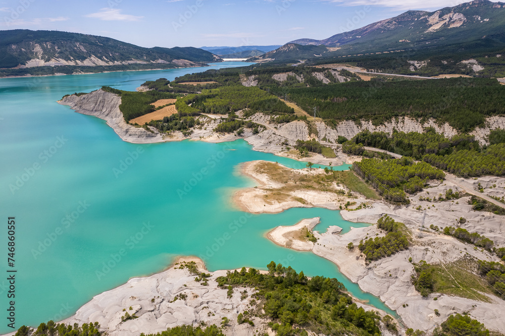 Aerial view of Yesa reservoir by Tiermas in Spain, Summer 2023 Aerial view of Yesa reservoir by Tiermas in Spain, Summer 2023