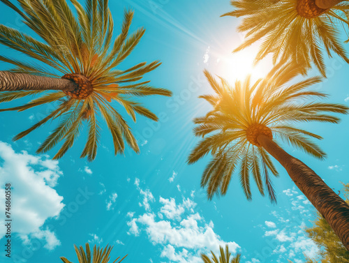 The vibrant view with palm trees against a sunny backdrop sky, perfect for holiday snapshots or as beautiful photography