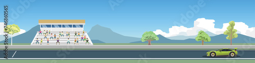 Super car with driving on race track for banner. Background of stadiums and cheerleaders. With background of mountain under blue sky and white clouds. Copy Space Flat Vector Illustration.