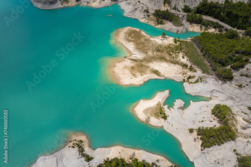 Aerial view of Yesa reservoir by Tiermas in Spain, Summer 2023