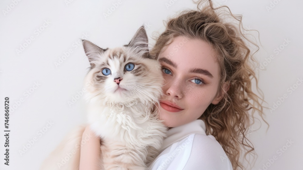 Young pretty woman hold her lovely Ragdoll cat with blue eye isolated on a white background