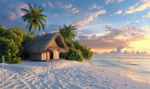 a traditional thatched-roof hut on a tropical island