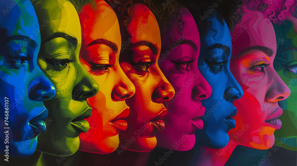 Fototapeta premium A captivating digital artwork featuring five women in vivid, contrasting colors, reflecting the spirit of the Black Arts Movement with detailed facial features and dramatic shadows.
