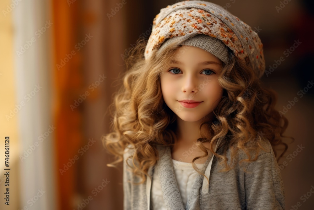 Portrait of a cute little girl with curly hair in a knitted hat.