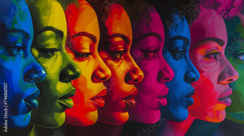 A captivating digital artwork featuring five women in vivid, contrasting colors, reflecting the spirit of the Black Arts Movement with detailed facial features and dramatic shadows.