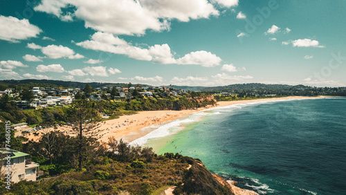 Stunning ocean view of the waves and beach in the Northern Beaches of NSW  Sydney  Australia. The view was captured from above using a drone.