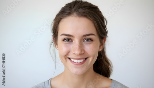 Portrait of a young beautiful cheerful charming woman white white teeth  smiling on a clean background