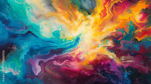 A vivid and dynamic abstract painting featuring a swirling fusion of bright colors that resemble melting landscapes or fluid motion