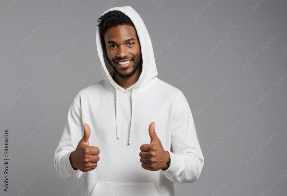 A cheerful man in a white hoodie gives a double thumbs up, his expression one of complete satisfaction. A cheerful man in a white hoodie gives a double thumbs up, his expression one of complete satisfaction.