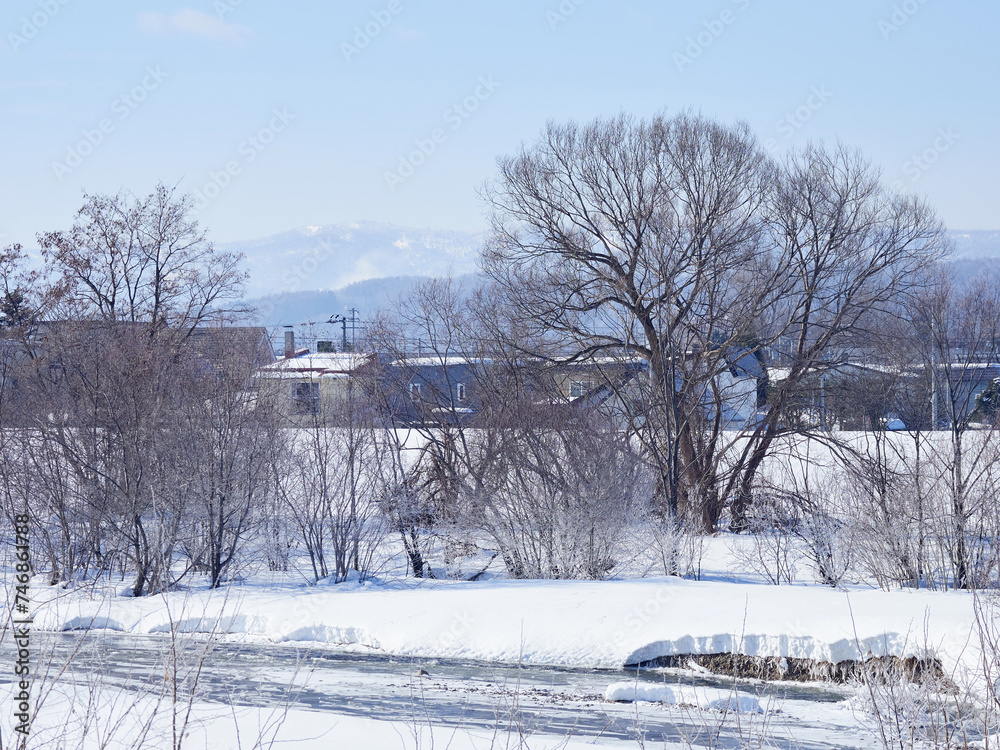 冬の北海道の旭川市の郊外の街の雪風景 冬の北海道の旭川市の郊外の街の雪風景