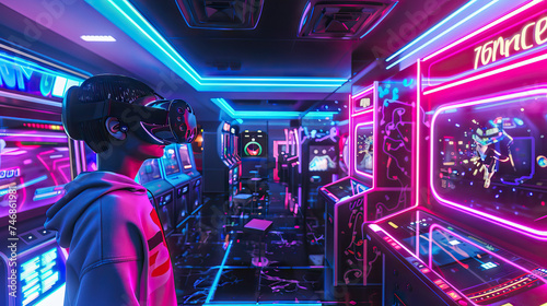 Virtual Reality Arcade Set with VR Headsets, Motion Platforms, and Interactive Game Zones. Concept of VR Entertainment and Immersive Experiences.