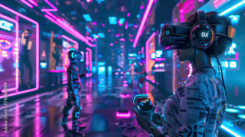 Virtual Reality Arcade Set with VR Headsets, Motion Platforms, and Interactive Game Zones. Concept of VR Entertainment and Immersive Experiences.