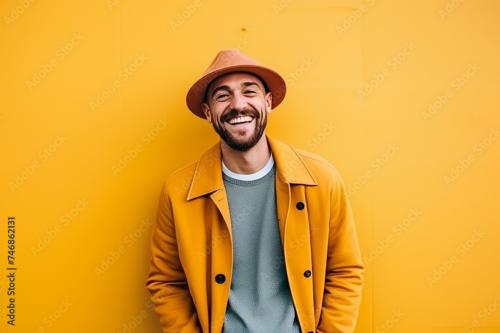 Portrait of a smiling young man in yellow coat and hat over yellow wall Portrait of a smiling young man in yellow coat and hat over yellow wall