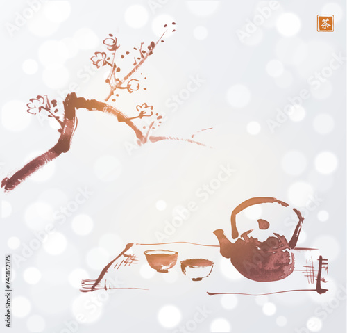 Ink painting of sakura branch, teapot and cups on white shimmering background. Traditional tea ceremony scene. Oriental ink painting sumi-e, u-sin, go-hua Translation of hieroglyph - tea.