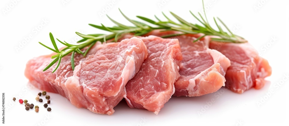 An appetizing pile of raw beef meat seasoned with rosemary and pepper, set on a white background. A tantalizing ingredient for a delicious dish. An appetizing pile of raw beef meat seasoned with rosemary and pepper, set on a white background. A tantalizing ingredient for a delicious dish.