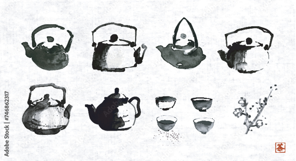 Collection of sumi-e style ink wash paintings of teapots and cups on rice paper background. Translation of hieroglyph - tea. - obrazy, fototapety, plakaty 