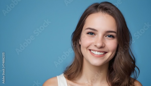  Portrait of a young beautiful cheerful charming woman white white teeth, smiling on a clean background. blue background