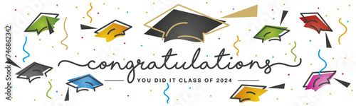 Congratulations Class of 2024 handwritten typography. Hand drawn design with diploma colorful confetti and flying graduates caps. Congratulations graduates you did it line design on white background