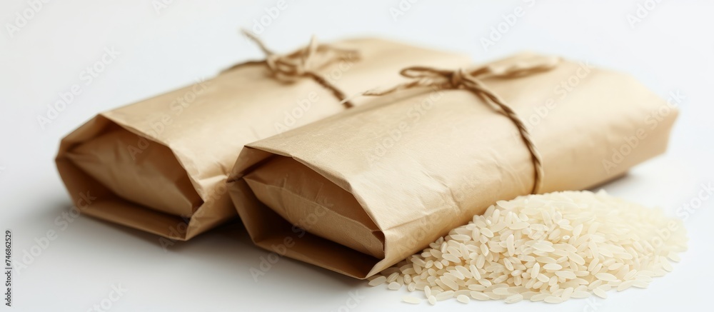 Organic Rice Grains Poured From a Paper Bag - Sustainable Grain Packaging Concept Organic Rice Grains Poured From a Paper Bag - Sustainable Grain Packaging Concept