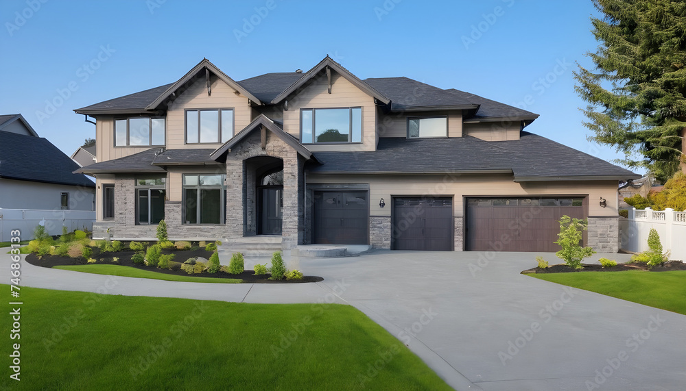 Beautiful exterior of newly built luxury home with yard with green grass and blue sky - obrazy, fototapety, plakaty 