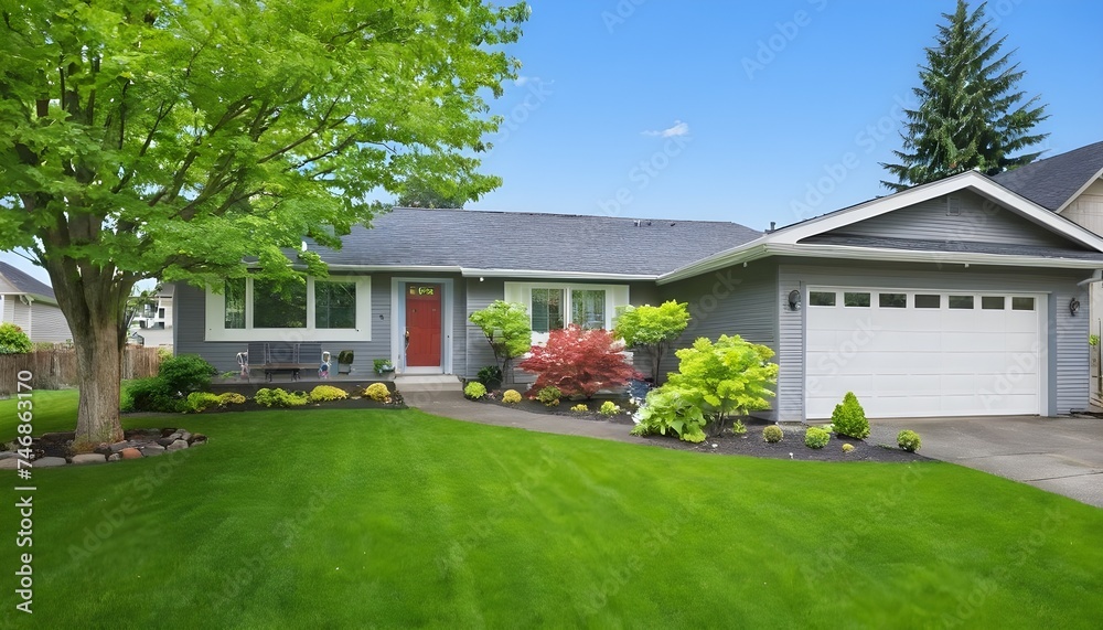 Beautiful exterior home with yard with green grass and blue sky Beautiful exterior home with yard with green grass and blue sky