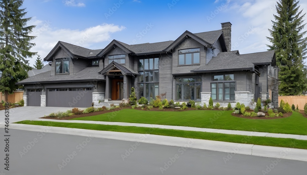 Beautiful exterior of newly built luxury home with yard with green grass and blue sky