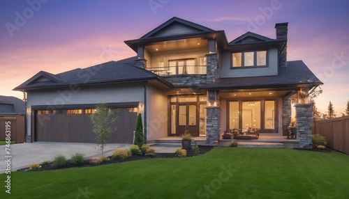 Beautiful exterior of newly built luxury home with yard with green grass and twilight sky © JL Designs