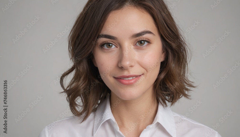 Confident female with short brown hair in a white shirt. Her warm smile and direct gaze exude self-assurance.