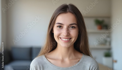 Portrait of a young beautiful cheerful charming woman white white teeth  smiling on a clean background. Home  living room.