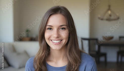Portrait of a young beautiful cheerful charming woman white white teeth, smiling on a clean background. Home, living room.