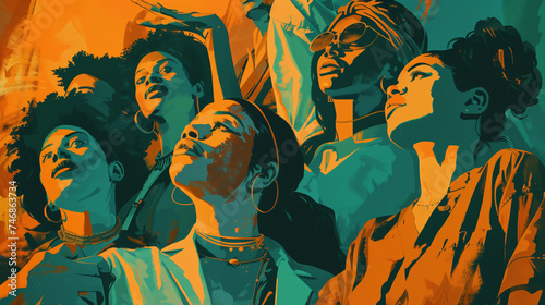 An expressive and layered portrayal of black women with uplifted hands, one reaching towards heaven, characterized by pop art-inspired colors and dynamic compositions.